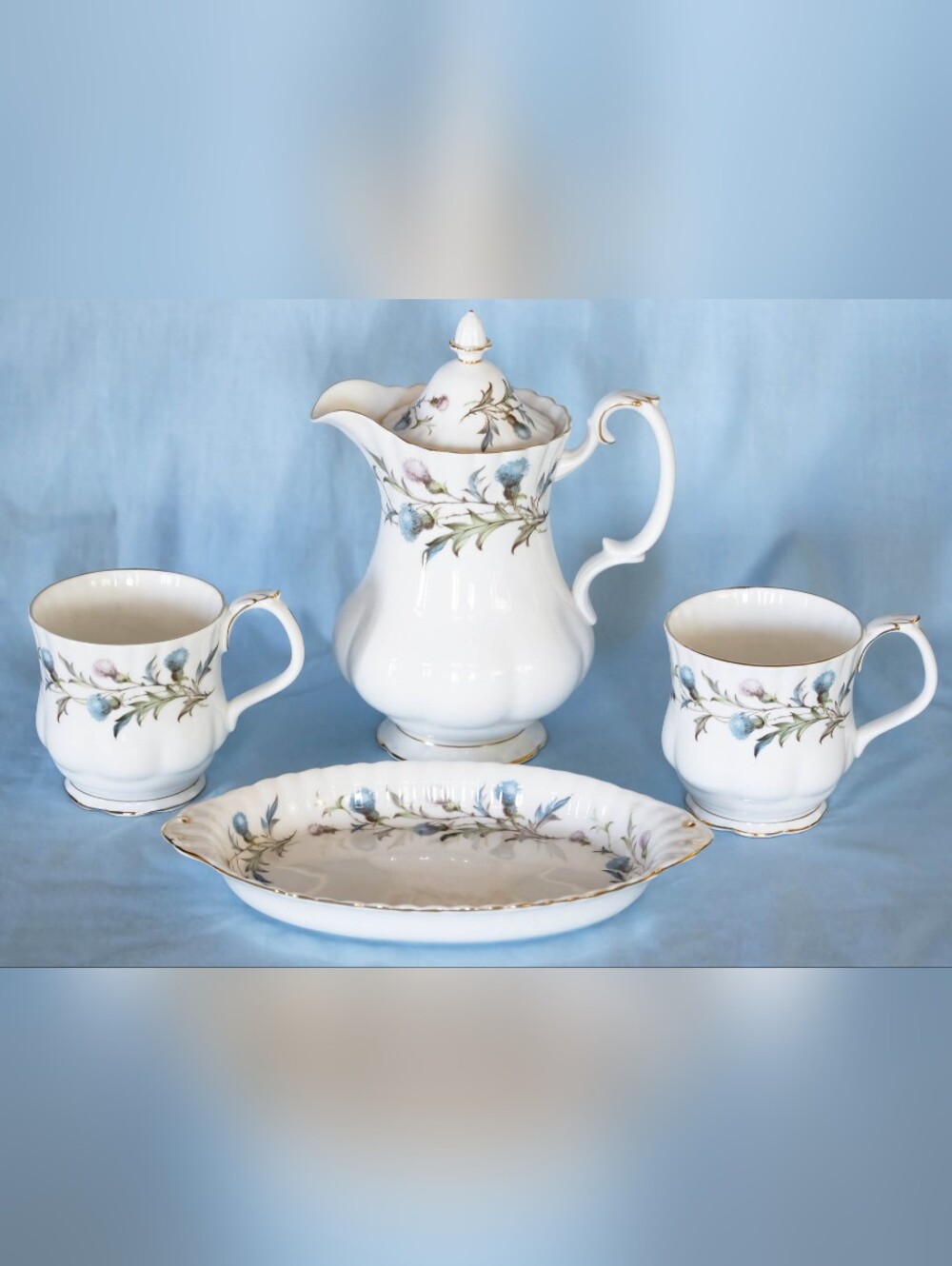 Rare,Royal Albert Brigadoon Hot Water Jug, Montrose Mugs, Oval Tray.England!